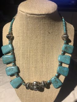 Turquoise and silver look necklace one of a kind by Rechercheaz