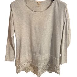 SUNDANCE Pale Gray & Ivory Frieda LS Knit High/Low Gauzy Lace Trim Sz S