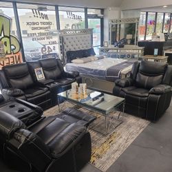 New Sofa Loveseat And Chair Black Leather With Recliners 