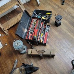LOT of TOOLS: One Craftsman Rally Box, Tool Box, Plastic Bin Full Of Tools + Antique Mitre Box And Bessey Vise Clamp