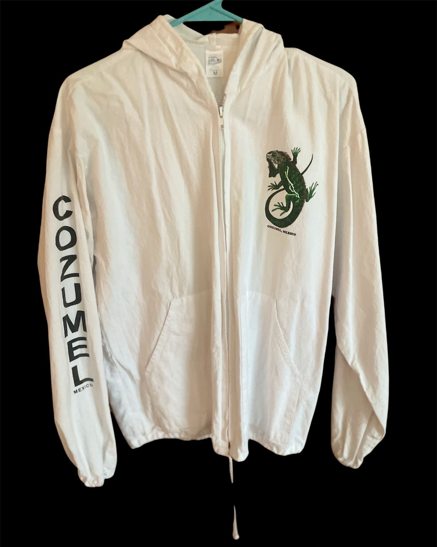 Vintage Cozumel Mexico Iguana Lizard Hoodie Jacket Zip Up White Size Medium