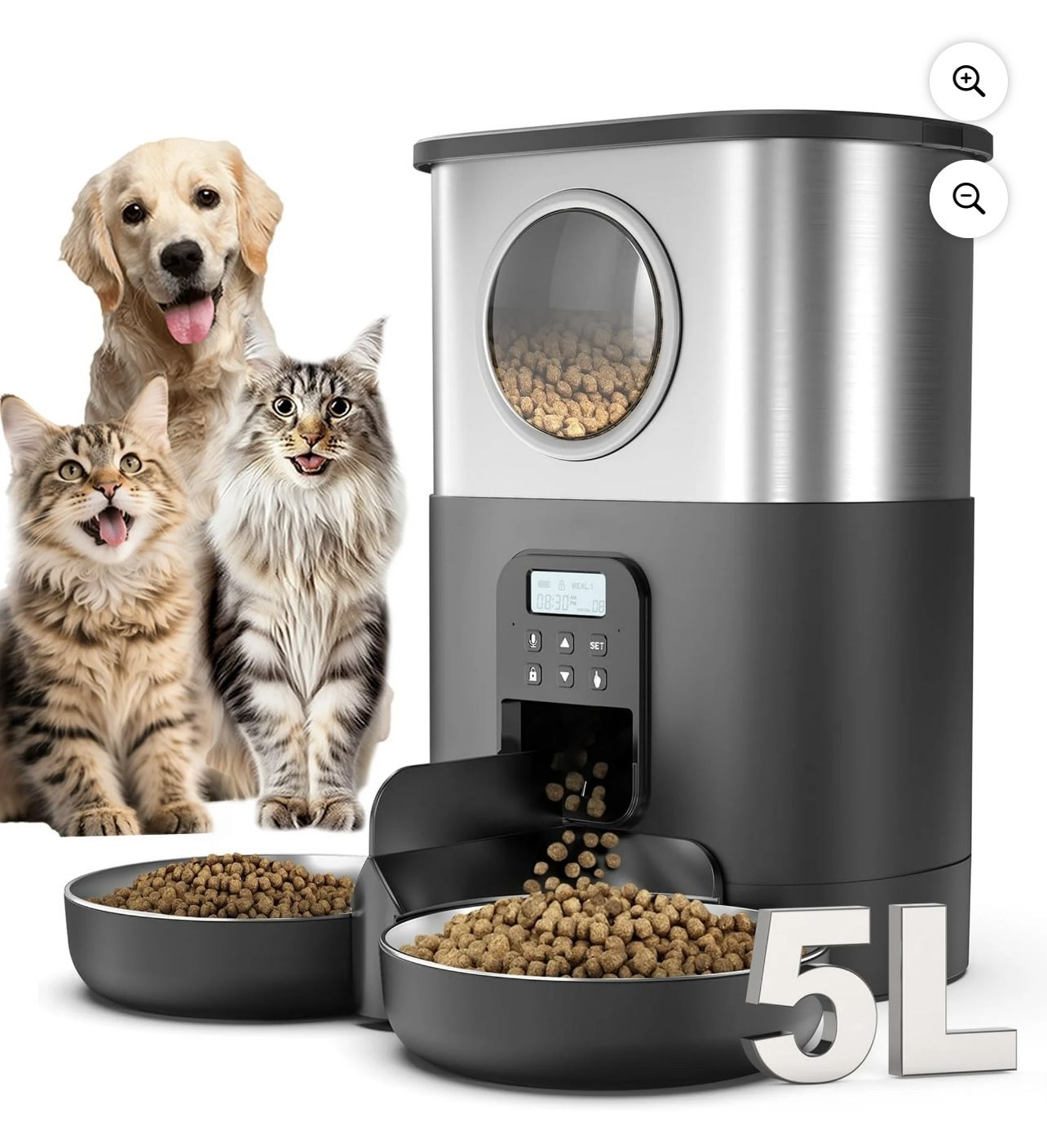 FWMB 5L/20 Cups Automatic Cat Feeders with Recording Function, Timed Cats Dry Food Dispenser with 2 Stainless Steel Bowl for Pet- Black