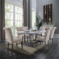 7 PIECE DINING TABLE SET WHITE MARBLE TOP GRAY OAK FINISH COMEDOR