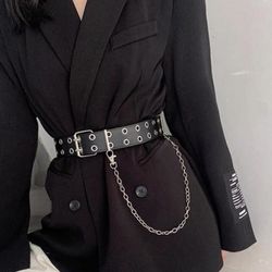 Korean style leather double hole belt black with chain fashion