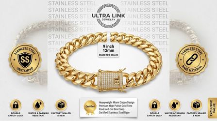 12mm Cuban Link Bracelet 9" – Gold Tone Iced Out Box Clasp (Brand New / Sealed)