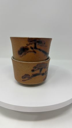 Japanese Pottery Cups Set of 2, Brown Glaze, Gray Speckled Interior