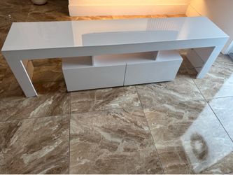 Modern White High-Gloss TV Stand with Storage & Glass Shelves