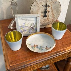 4 Items- Vintage Bird Trinket Dish, Tealight Holders,Picture 