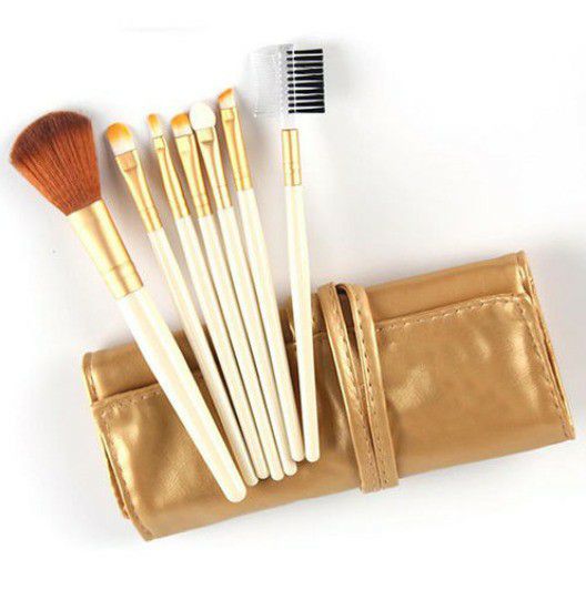 Brandnew gold 7pc makeup brushes with leather pouch