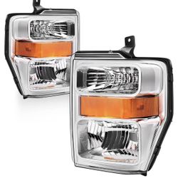 AUTOSAVER88 Kit de montaje de faros compatible con Ford F250 F350 F450 Super Duty 2008-2010 de repuesto de lente transparente, carcasa cromada, reflec