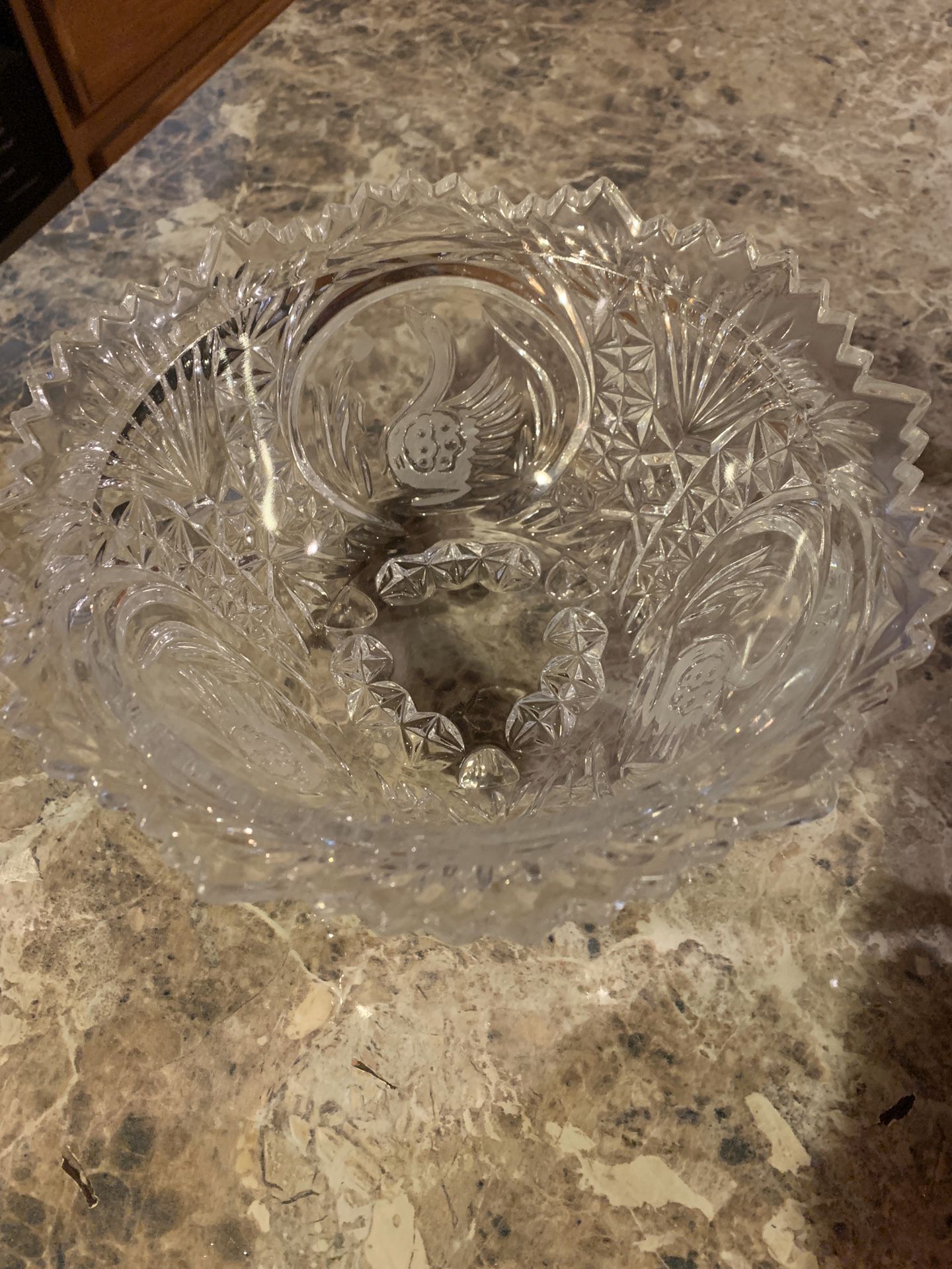 3 Swan etched glass foot crystal cut console bowl
