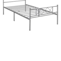 Twin Metal Bed Frame with Crisscross Headboard & Footboard, Silver