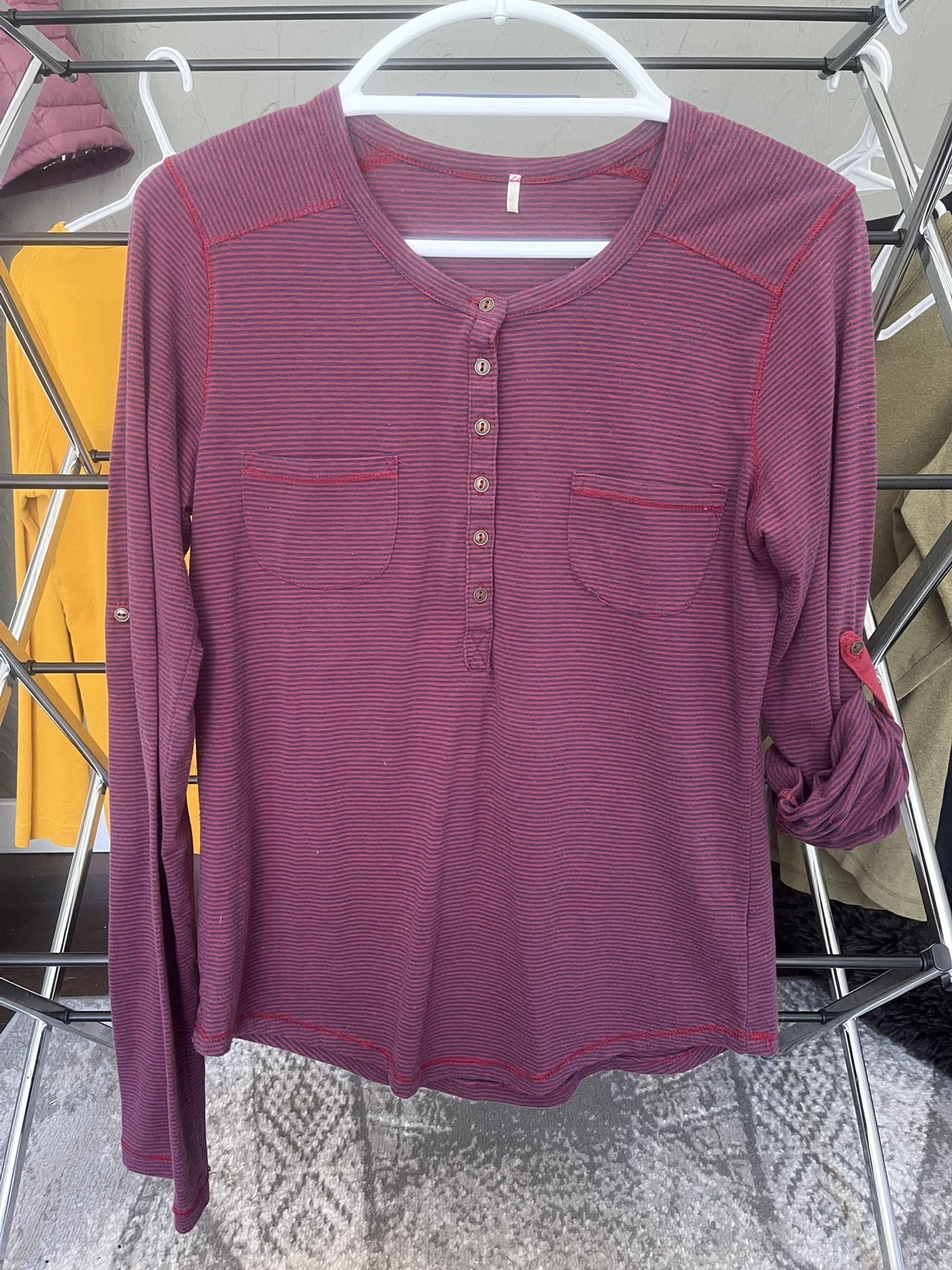 Red and Blue Striped Long Sleeve Henley Shirt
