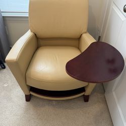 Modern Leather Swivel Chair w/ Attached Wood Side Table – Tan