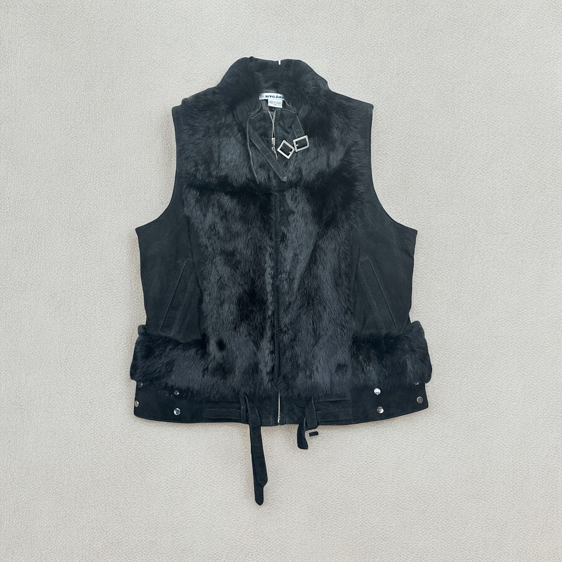 Women's Vest Black Peter Nygard Faux Fur Goth Zipper Front 100% Suede Sz 12 Never Worn