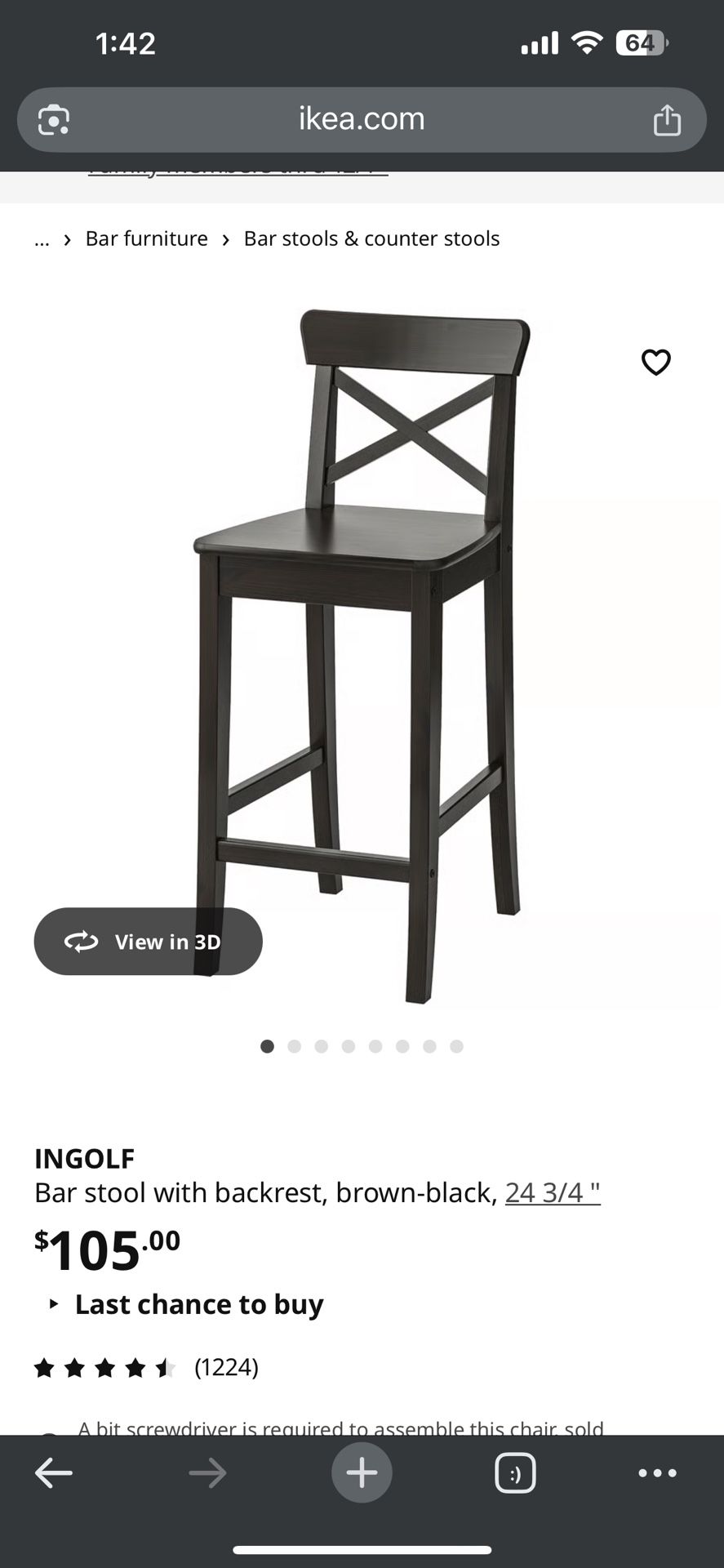 IKEA Ingolf Barstool With Backrest Black