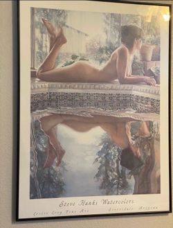 Large Framed Steve Hanks Watercolors Print – Leslie Levy Fine Art – Nude Reflection Art