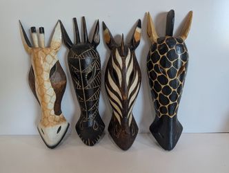 Vintage Hand Carved African Animal Mask Wall Art Set Giraffe Zebra Tribal Decor