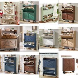 Brand new in box, farmhouse-style shoe cabinets available in multiple colors!  ✅ Holds up to 16 pairs of shoes (perfect for small entryways) ✅ 2 flip-
