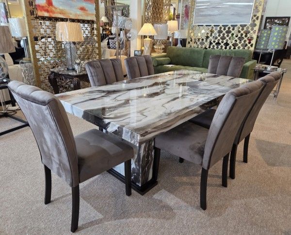Faux Marble Dining Table + 6 Side Chairs