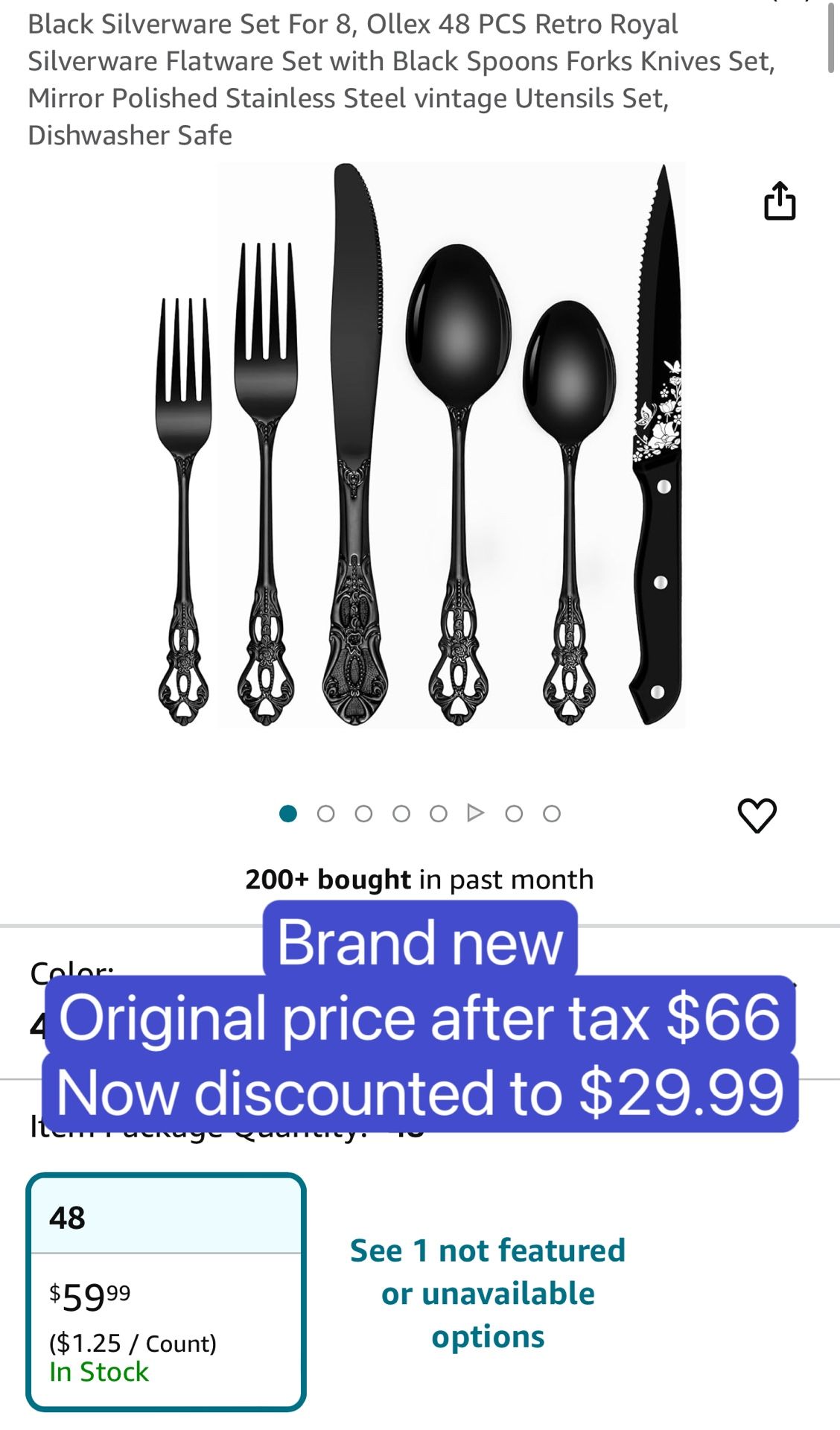 Black Silverware Set For 8, Ollex 48 PCS Retro Royal Silverware Flatware Set with Black Spoons Forks Knives Set, Mirror Polished Stainless Steel vinta