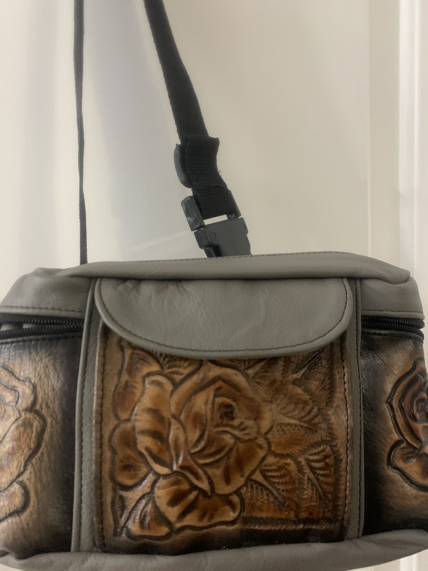 Genuine leather flower embossed gray waist bag