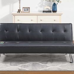 Brand New Black Leather Futon Sofa Sleeper 