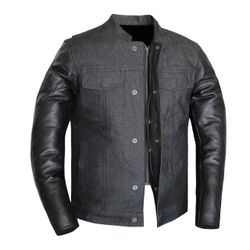 Men Motorcycle Denim Leather Combo Jacket Concealed Carry Pockets 