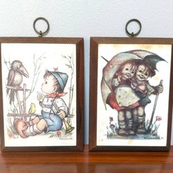 Vintage 70s Set Of 2 Hummel Pictures On Wood Wall Plaques Decor