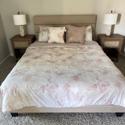 Bed Frame with mattress, Side Table and Lamps