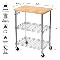 NEW 3-Tier Rolling Storage Cart with Wood Top