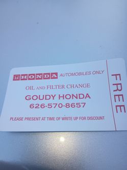 Oil Change Voucher Goudy Honda