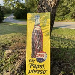 Say “Pepsi Please” Metal Sign Bottle Cap Soda Diner Bar Vintage Style Wall Decor Dimensions: 18” x 47 3/4”