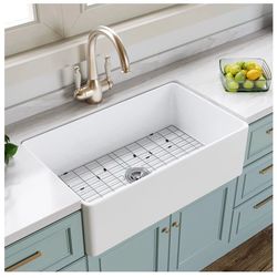 33-inch wide, 21-inch deep, 10-inch high, white fireclay single-bowl undermount workstation sink @2