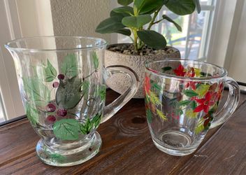 Hand-Painted Christmas Glass Mugs - Set of 2