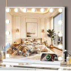 VANITII Vanity Hollywood Mirror with Lights Speaker USB Charging Lighted Makeup Mirror with Bulbs 3 Lighting Modes and Desktop Light up Mirror for Bed