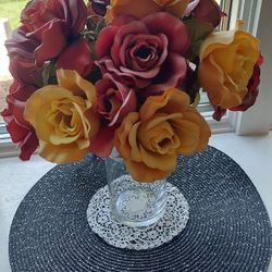 "FALL"  SILK ROSES  DISLAY,  MULTI-COLOR W/ 8" Tall VASE!