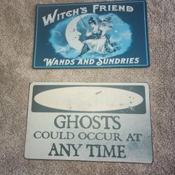 SET OF 2 HALLOWEEN METAL SIGNS Witch's Friend Wands & Sundries GHOSTS 15.5 X 9.5