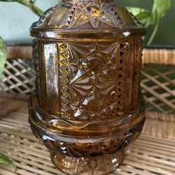 Vintage Amber Indiana Glass Stars And Bars Fairy Lamp Angel Light Granny Cottage