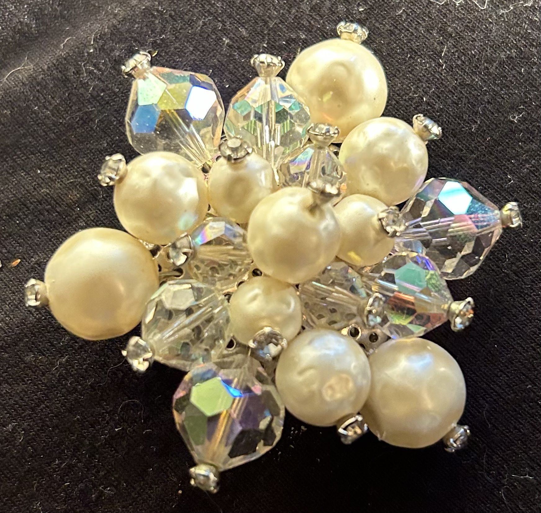Vintage Faux Pearl And Aurora Borealis Rhinestone Brooch 