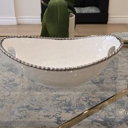 Brand New Porcelain Pampa Bay White and Silver Serving Bowl