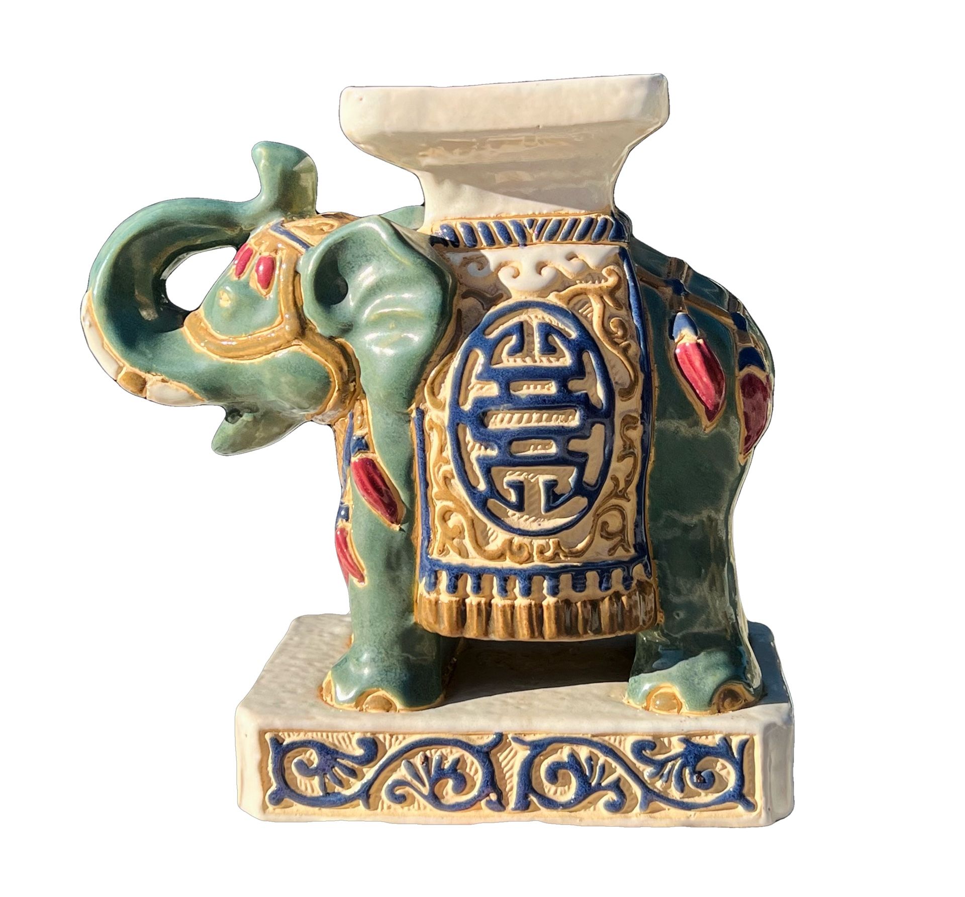 💕 Vintage (NEW) SET of 2 (PAIR) Small Asian Ceramic Glazed Green Blue Red White ELEPHANT Statue, Plant Stand, Bookend 💕