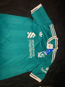 Adidas Liverpool 2025/26 away shirt in teal with white stripes on sleeves and collar