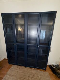 Dark Blue Glass Door Bookcase Cabinet