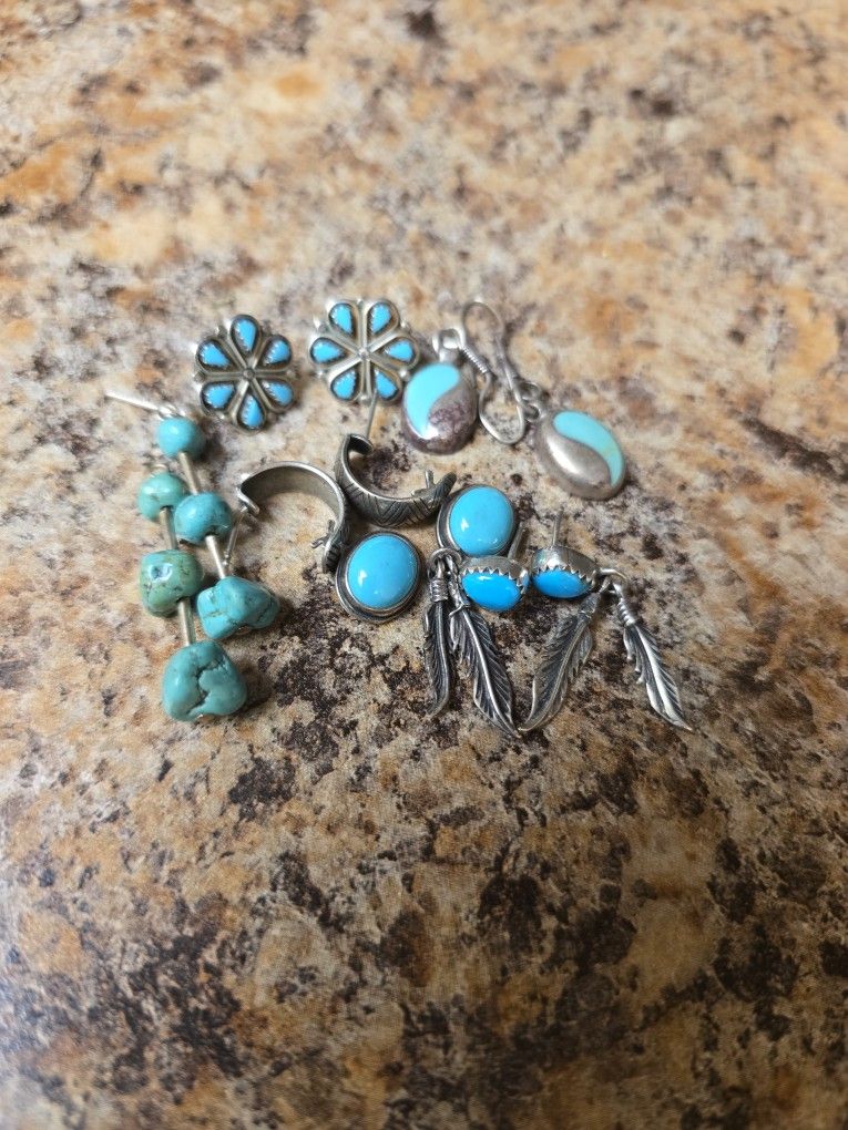Turquoise Sterling Earrings. 5 Pair Vintage