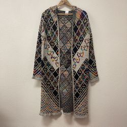 NORTHERN ANGEL Colorful Aztec Knit Long Line Hooded Cardigan Sweater Size Large  Beautiful sweater in very gently used condition!   Flat lay Chest 19”