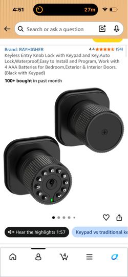 RAYHIGHER Keyless Entry Knob Lock with Keypad
