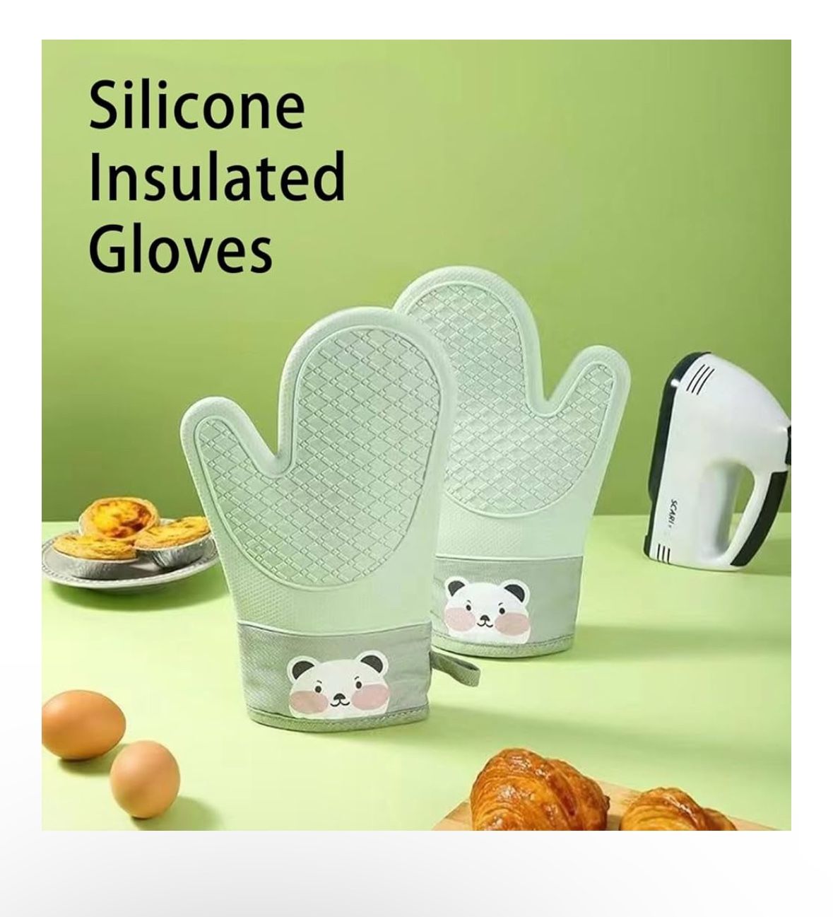 Oven Mitts, Heat Resistant, Soft Lining,Waterproof Non-Slip Grip Oven Glove,Kitchen Potholder Mits for BBQ, Baking, Cooking, 11 inch (Green