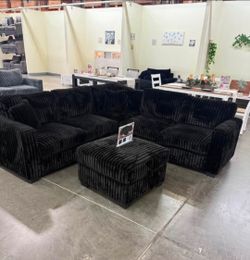 4-pc sectional sofa with ottoman black fur-like jumbo corduroy