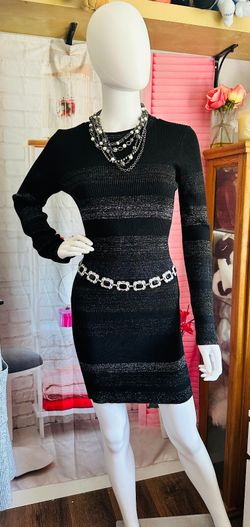 John + Jenn Black Ribbed Metallic-Strip Long-Sleeve Bodycon Dress